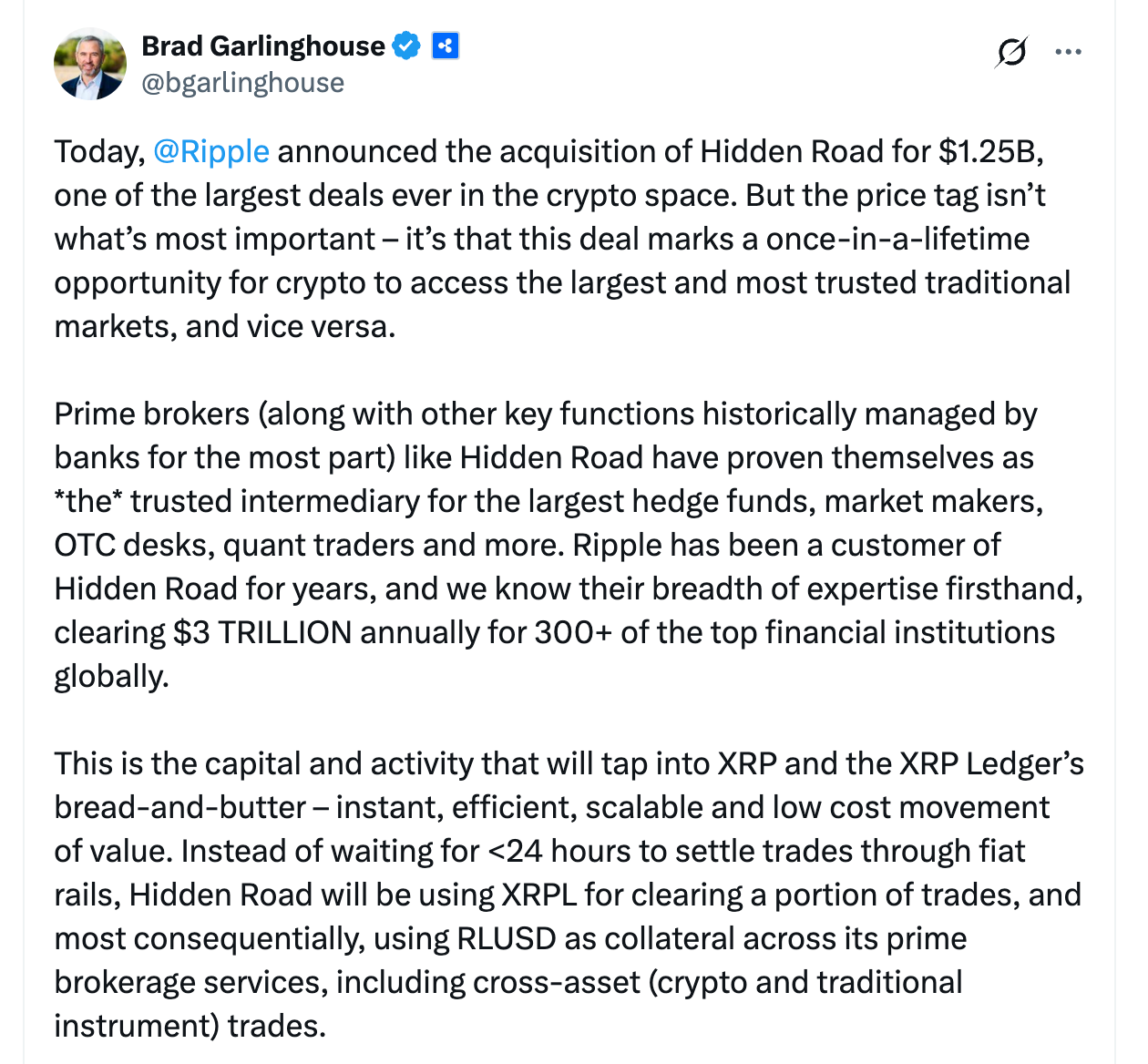 Ripple приобретает Hidden Road за $1,25 млрд