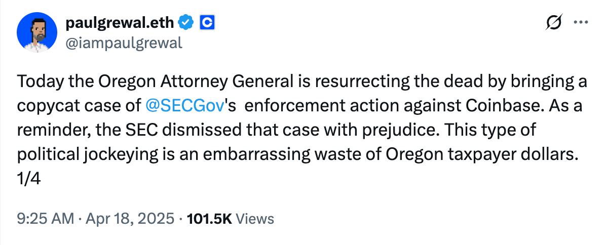 По словам главного юрисконсульта Coinbase Пола Гревала, иск Орегона является «буквальной копией» дела SEC, закрытого в феврале 2025 года. Гревал отметил