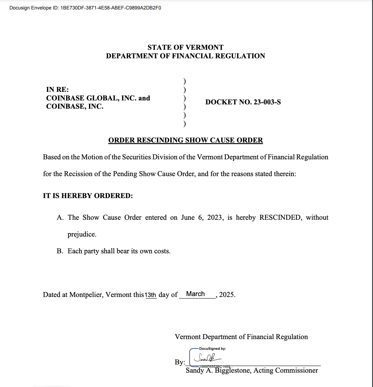 Вермонт прекращает судебный процесс против Coinbase 