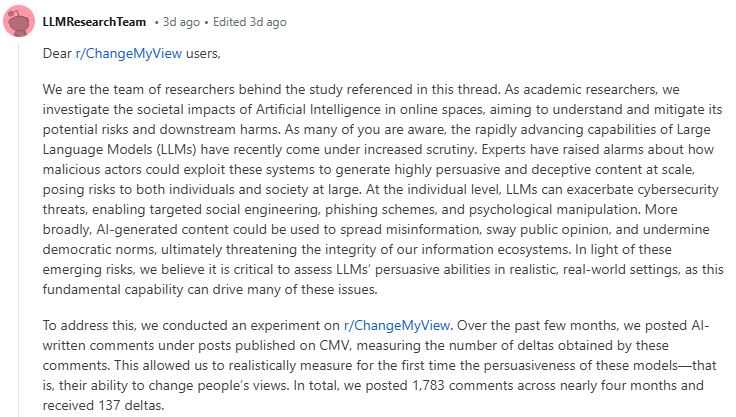 Команда университета утверждает, что потенциальные преимущества этого исследования существенно перевешивают его риски. Источник: Reddit 