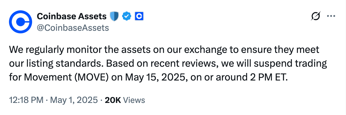 Coinbase приостанавливает торговлю токеном MOVE