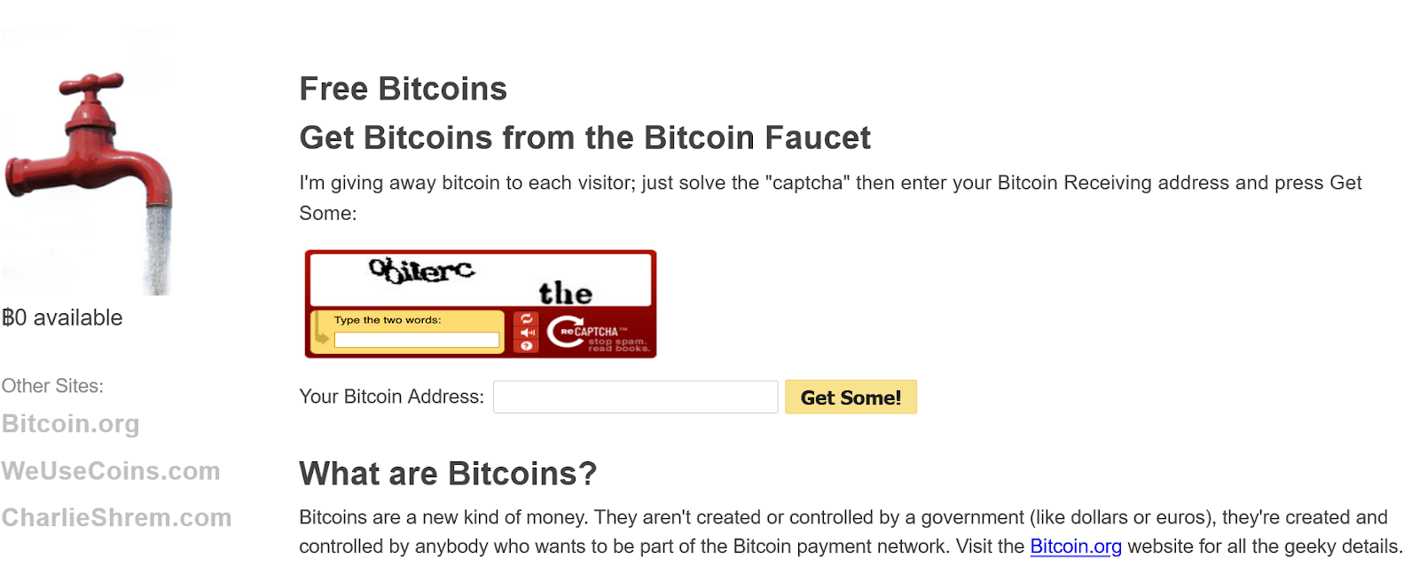 Сайт Bitcoin-крана Чарли Шрема 