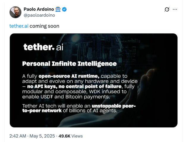 По словам Ардоино, Tether AI позволит пользователям совершать P2P-платежи в BTC и USDT