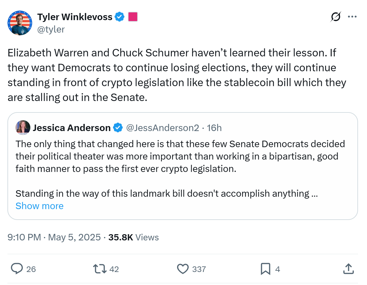 Если Уоррен и Шумер продолжат тормозить криптозакон, демократы будут проигрывать выборы