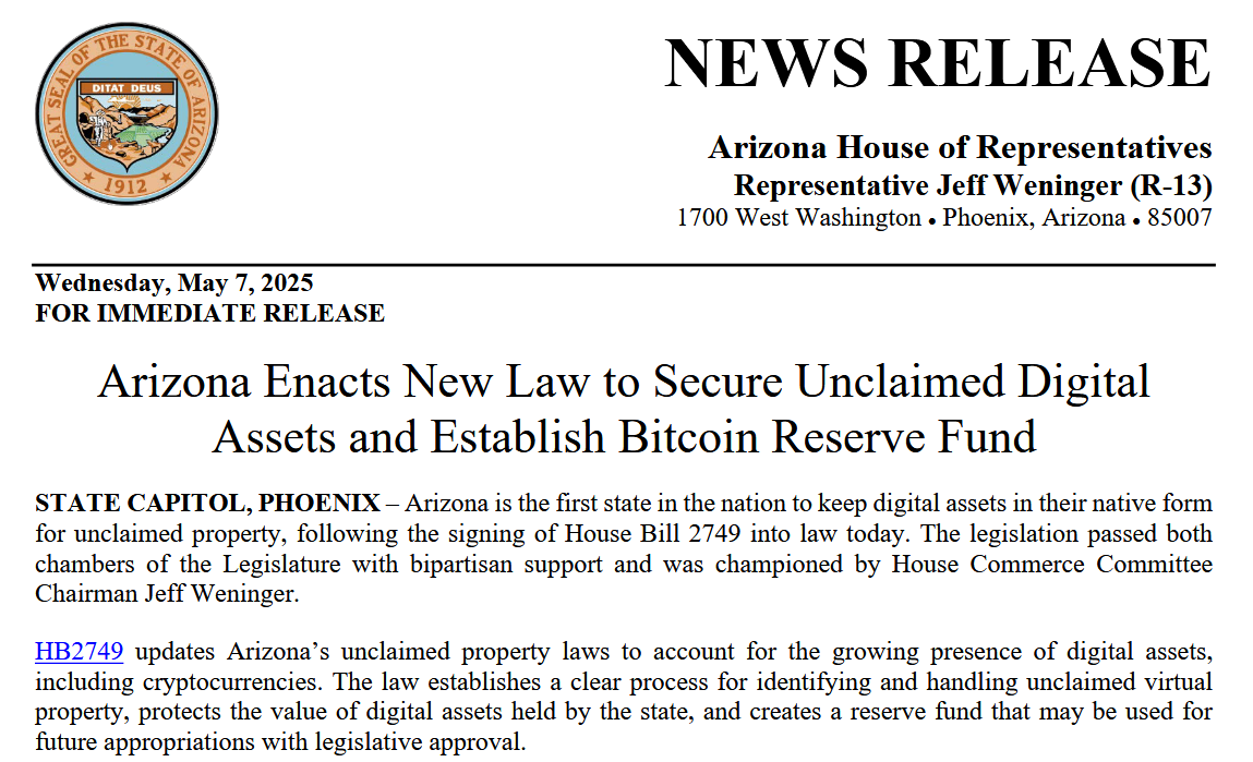 Заявление представителя Палаты представителей Аризоны Джеффа Венингера о подписании закона HB 2749 