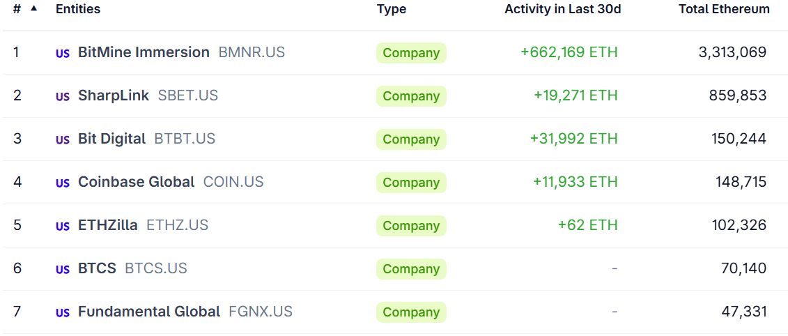 Top ETH treasury holders table