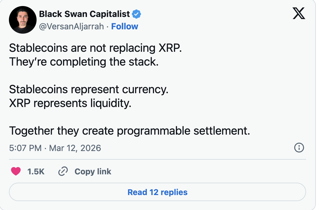 Black Swan Capitalist founder explained in an X post that stablecoins and XRP may serve different roles