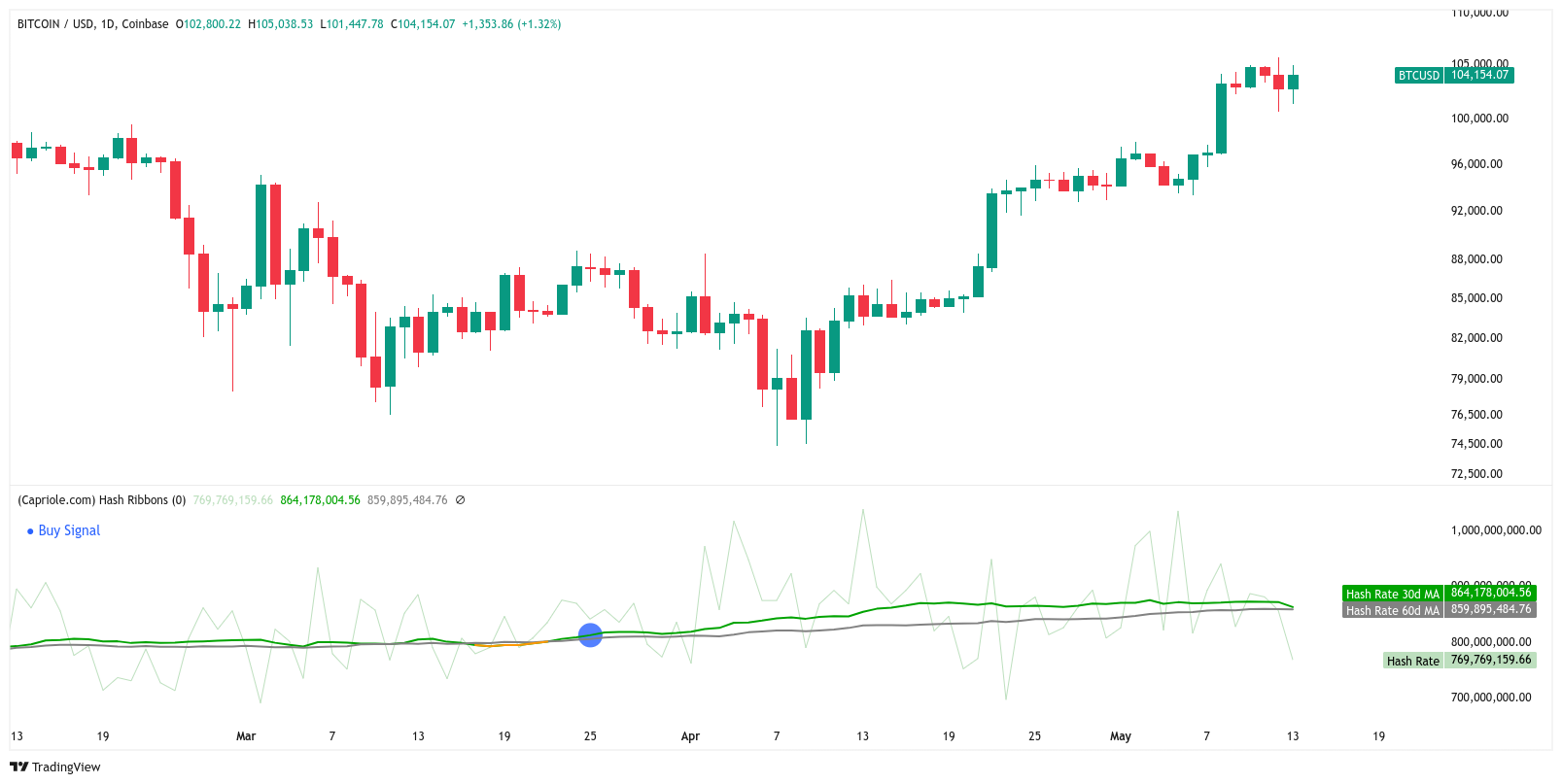 BTC/USD 1-дневный график с данными Hash Ribbons 