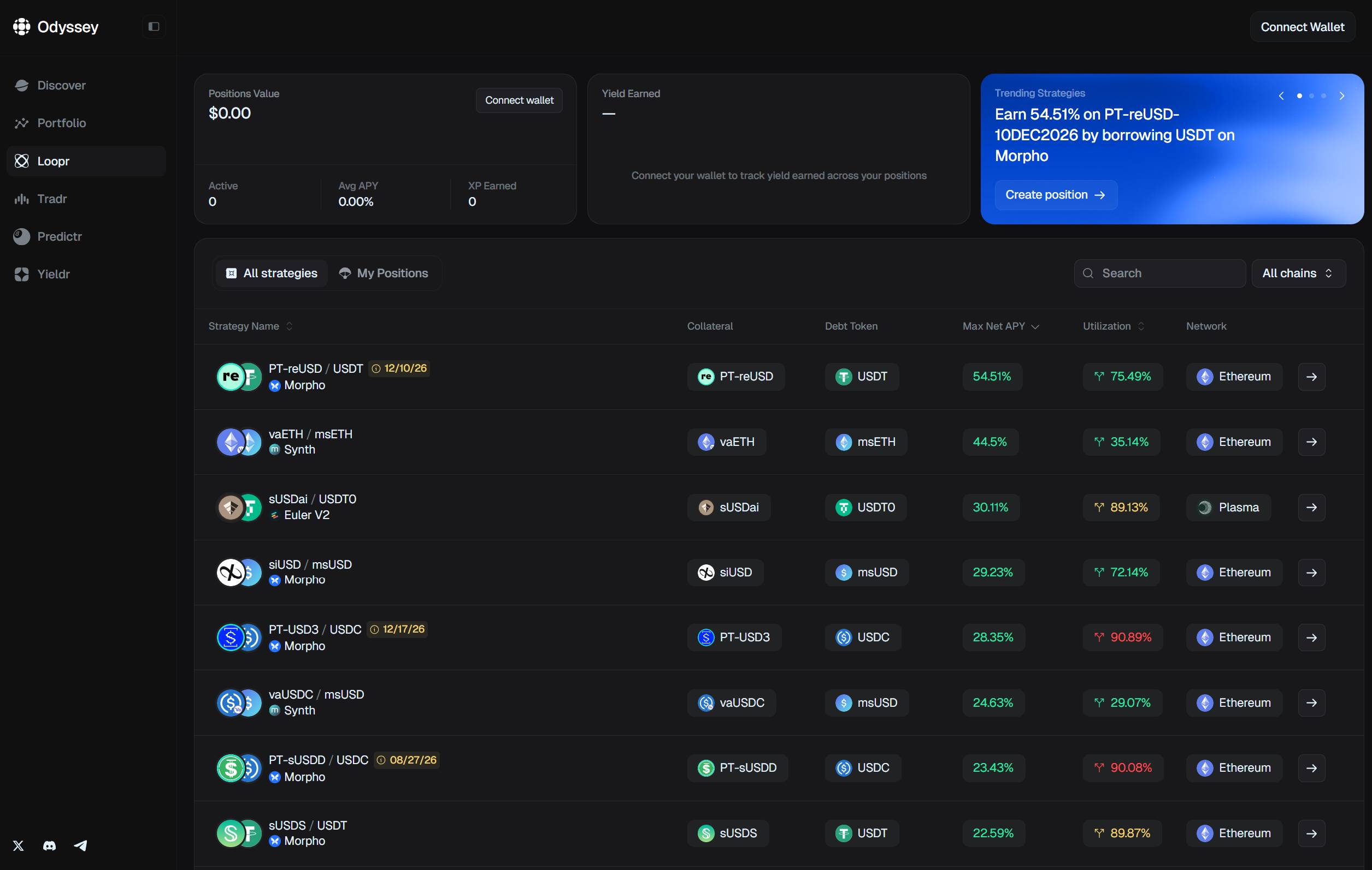 Odyssey’s Loopr interface for managing DeFi yield strategies