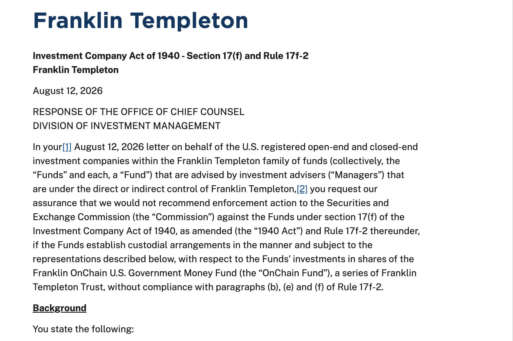 @FTI_US  just got a no action letter from the SEC relating to their OnChain government money market fund