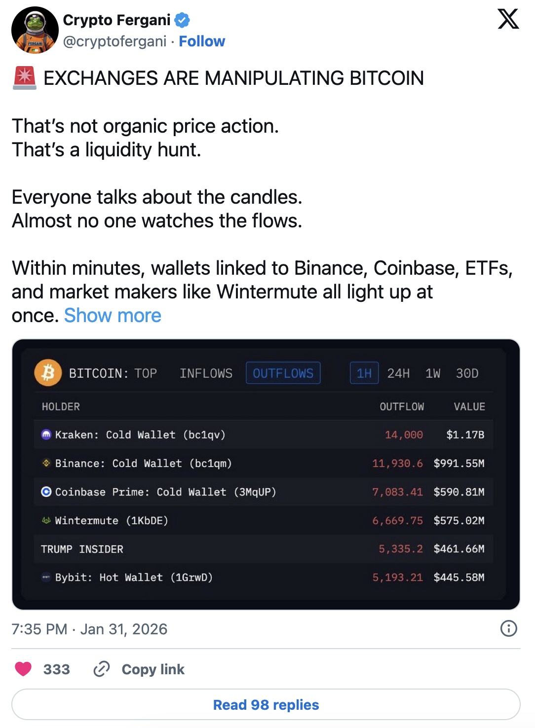 Reports on X about possible coordinated crypto market sell-offs