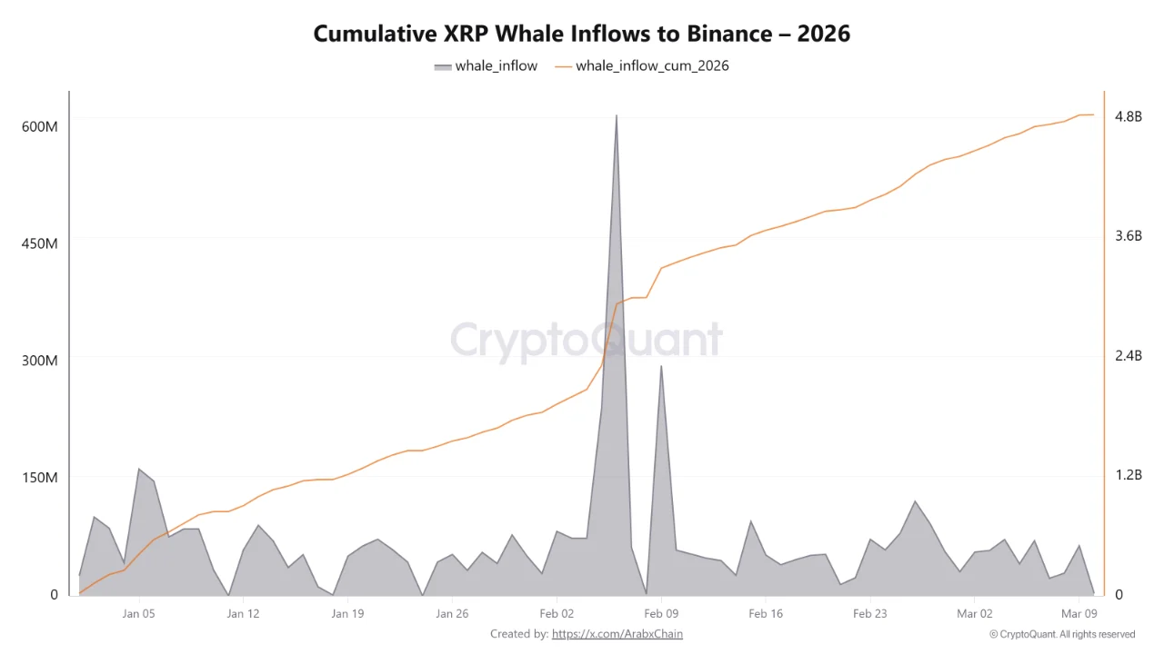 According to CryptoQuant data analysis, inflows from large investors to the biggest crypto exchange have reached about 4.8 billion XRP since the beginning of the year.