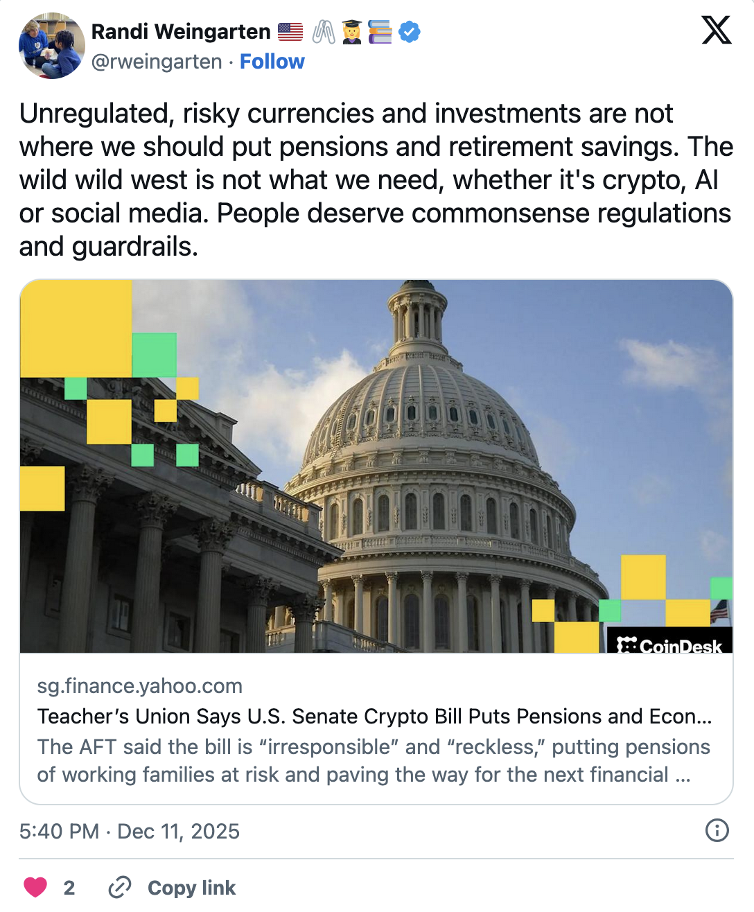 Президент Американской федерации учителей (AFT) Рэнди Вайнгартен в четверг резко раскритиковала инициативы