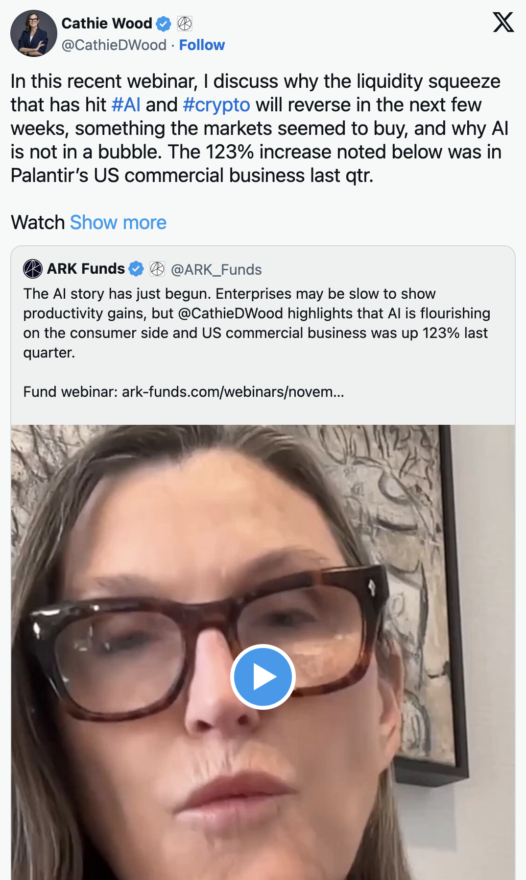 Cathie Wood said the current liquidity squeeze is affecting both AI and the crypto market