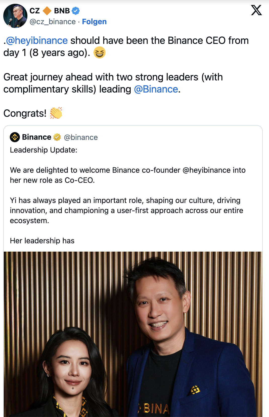 CZ posts on X about Yi He