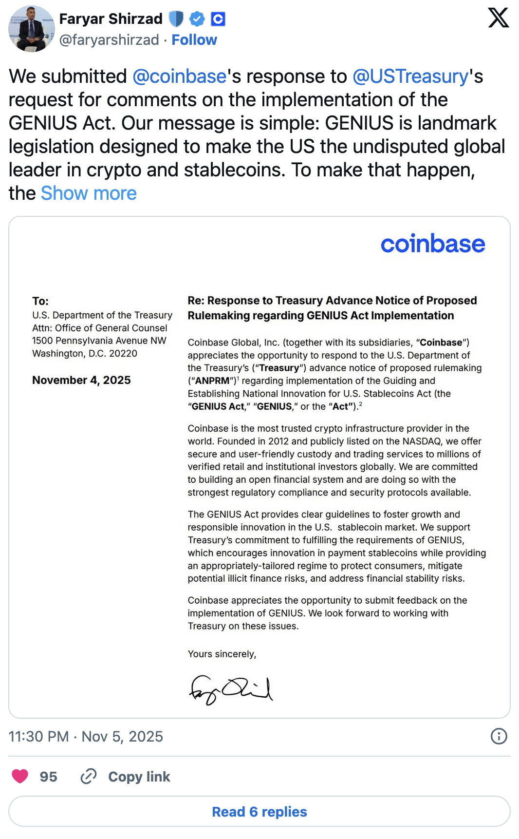 Coinbase Chief Policy Officer Faryar Shirzad on X