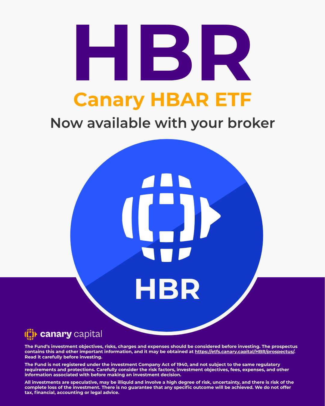 The $HBR ETF offers exposure to HBAR, the native token of Hedera Hashgraph—used for network services, fees, security, & powering apps. 