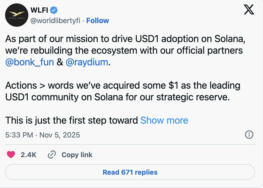 WLFI expands USD1 integration in Solana