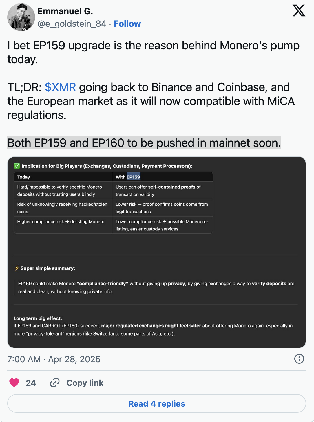 По словам Эммануэля G., обновление EP159 внедрит доказательства корректности транзакций без раскрытия личных данных