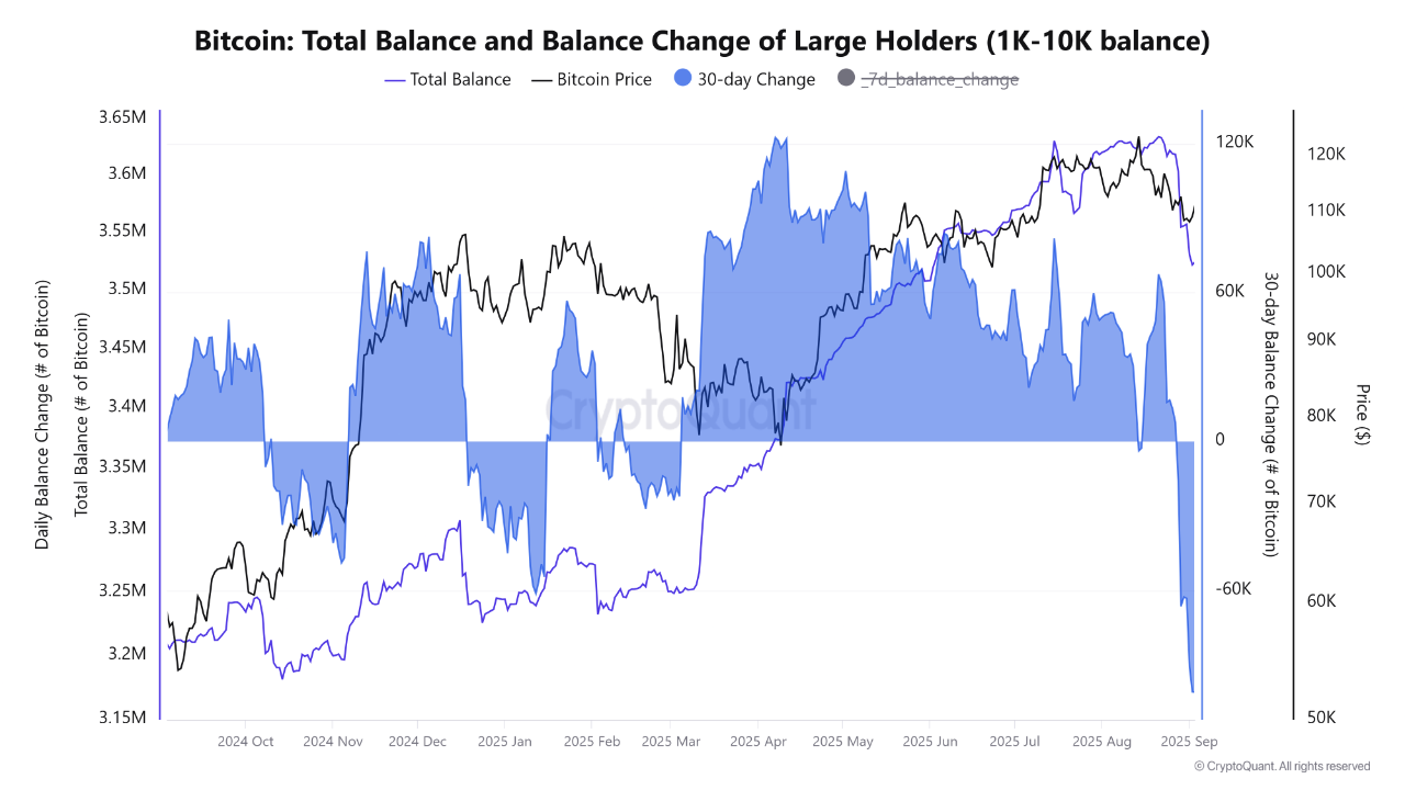 Change in balance of large holders (from 1000 to 10,000 BTC)