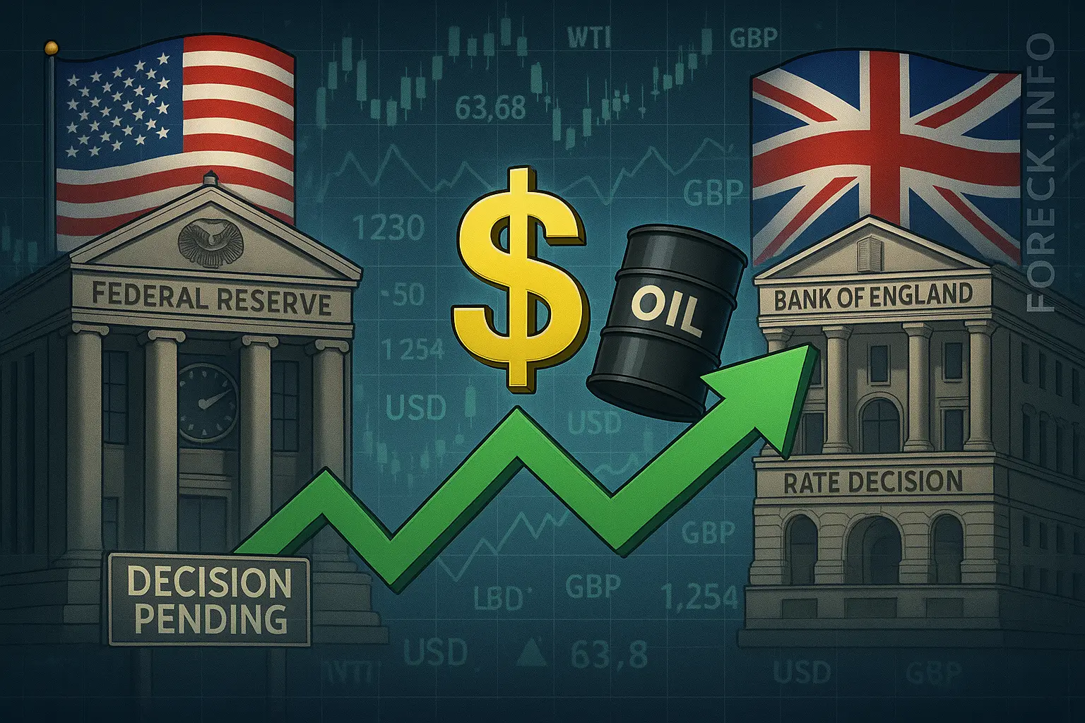 Финансовые рынки: доллар растёт, нефть дорожает, инвесторы ждут решений ФРС и Банка Англии