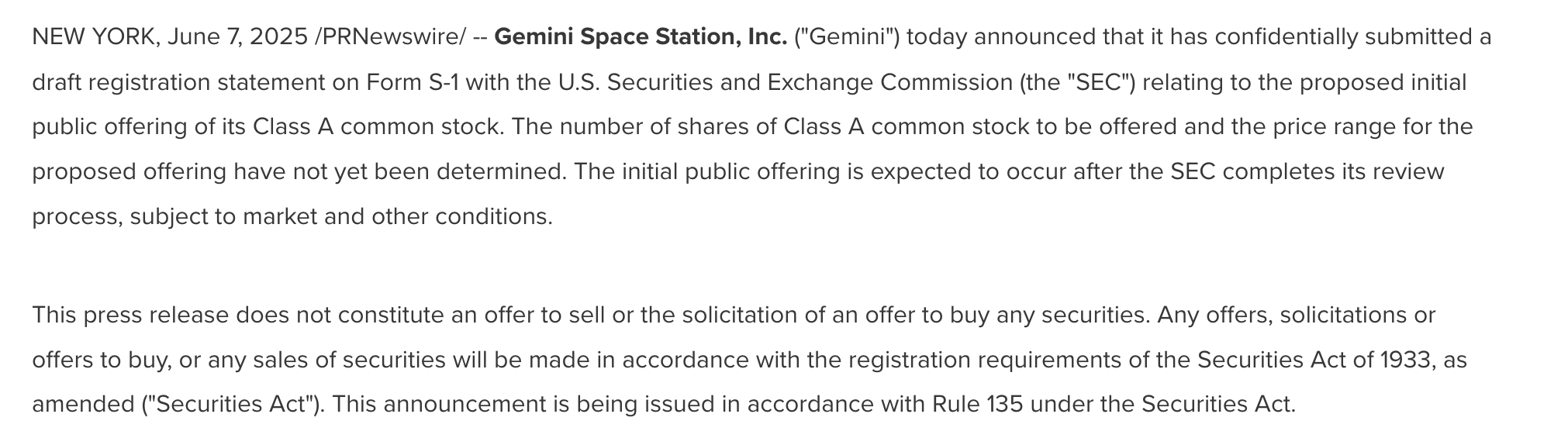 Заявление Gemini о первичном размещении акций