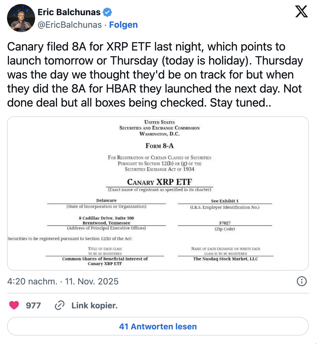 Canary filed an 8A for the XRP ETF last night, signaling a launch tomorrow or Thursday (today is a market holiday)