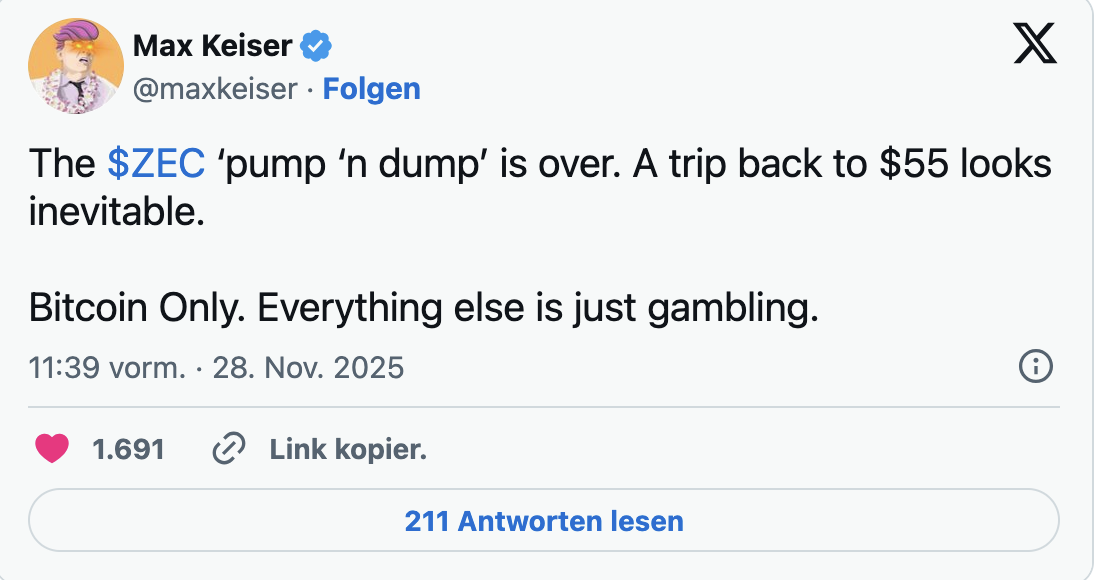 Max Keiser comment on Zcash drop