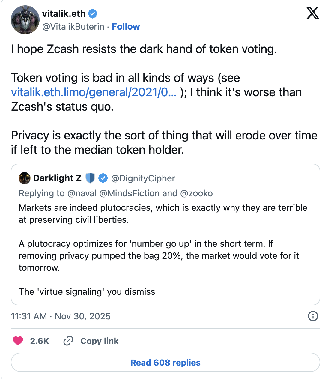 Vitalik Buterin warning on Zcash governance