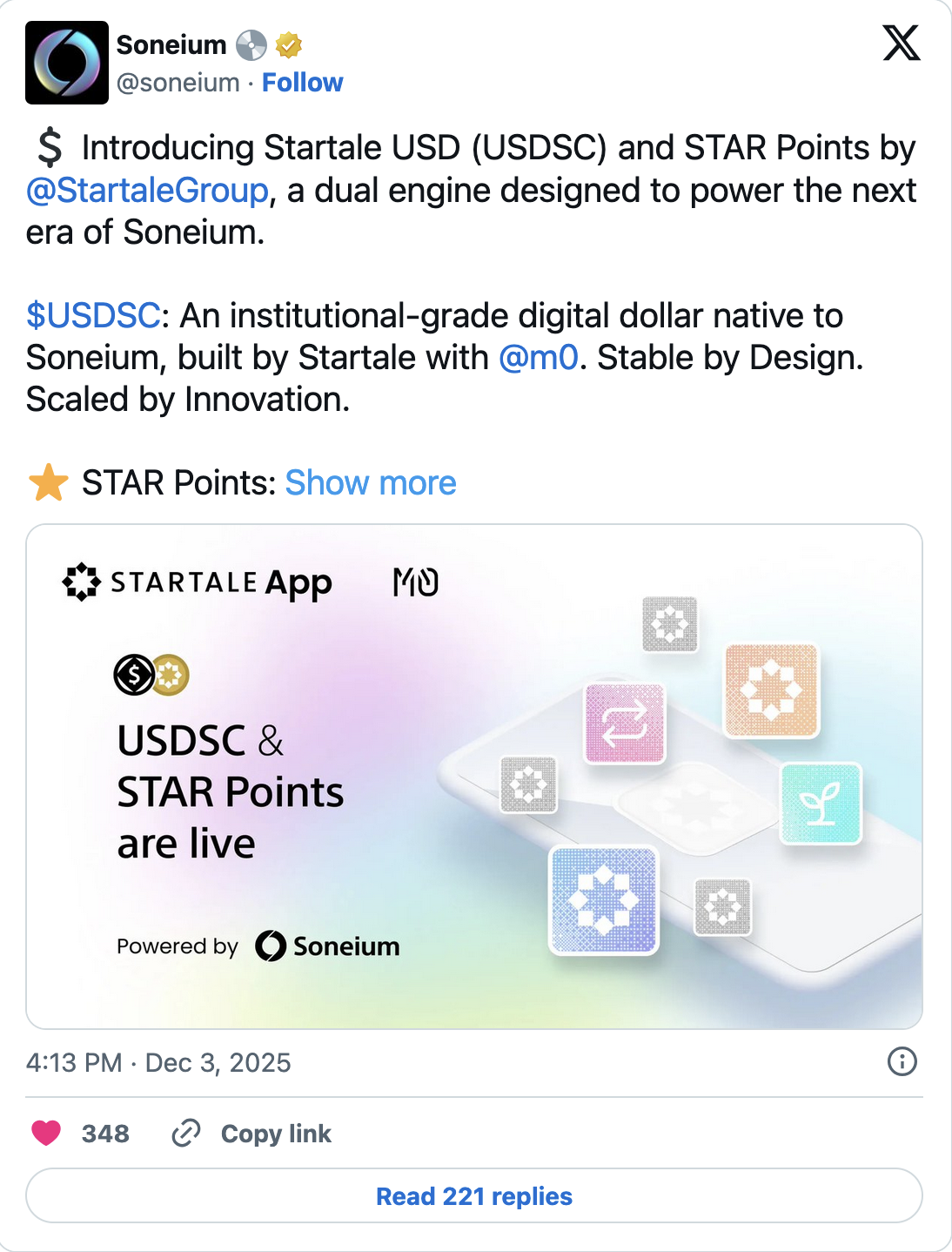 Startale USD Launch on Sony Soneium