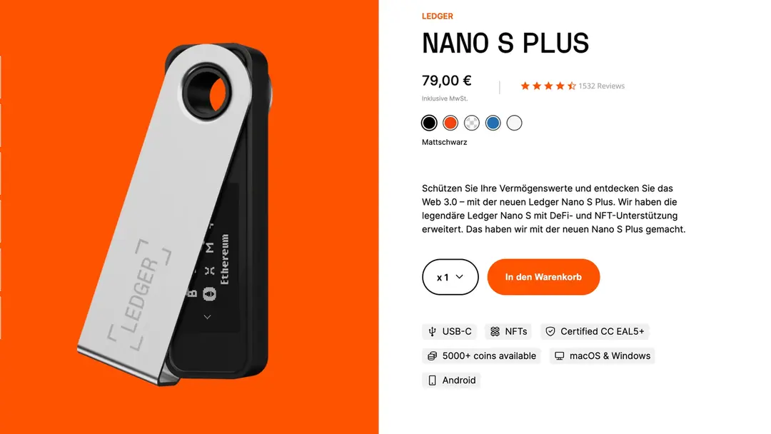 Интерфейс Ledger Nano S Plus во время подтверждения на устройстве