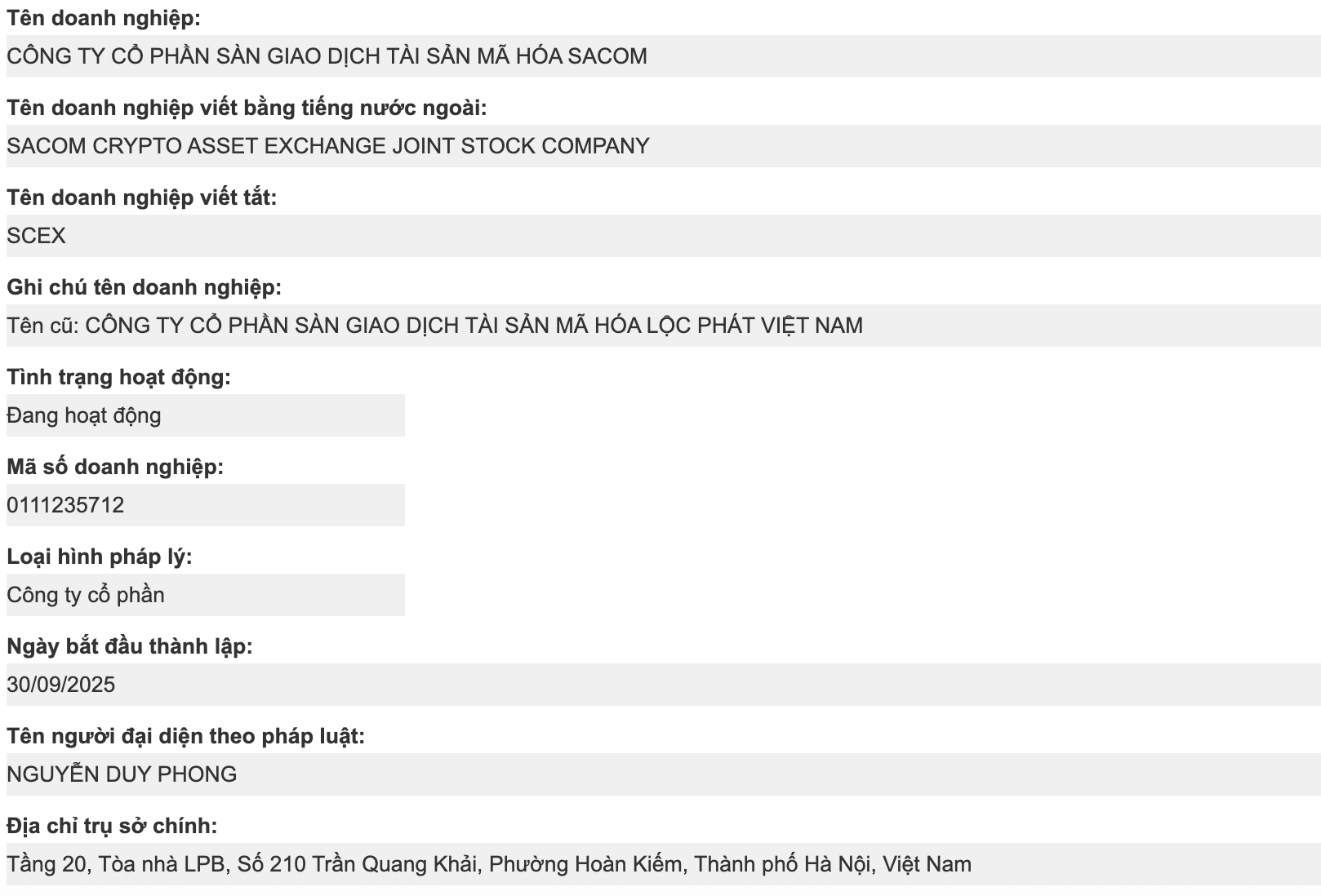 Loc Phat Vietnam Crypto Asset Exchange Joint Stock Company, or LPEX, was renamed Sacom Crypto Asset Exchange Joint Stock Company, or Sacom.
