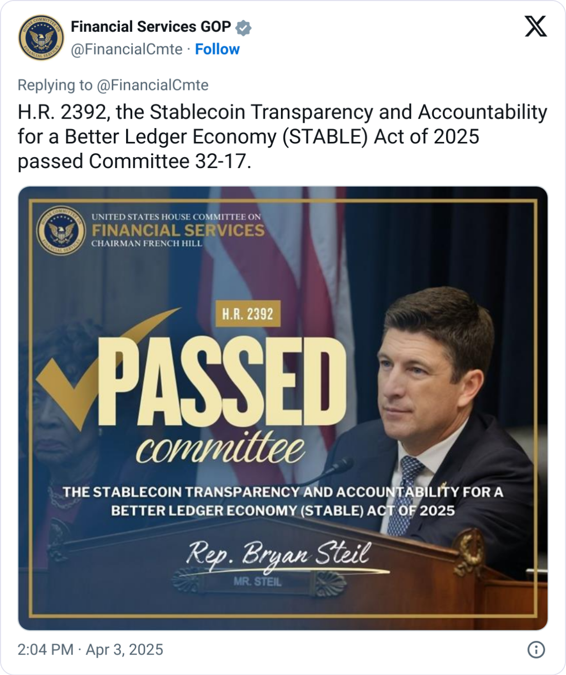 Законопроект под названием Stablecoin Transparency and Accountability for a Better Ledger Economy (STABLE) разработан республиканцами 