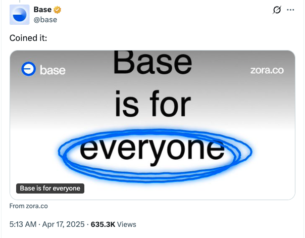 Пост Base X ссылается на пост на Zora