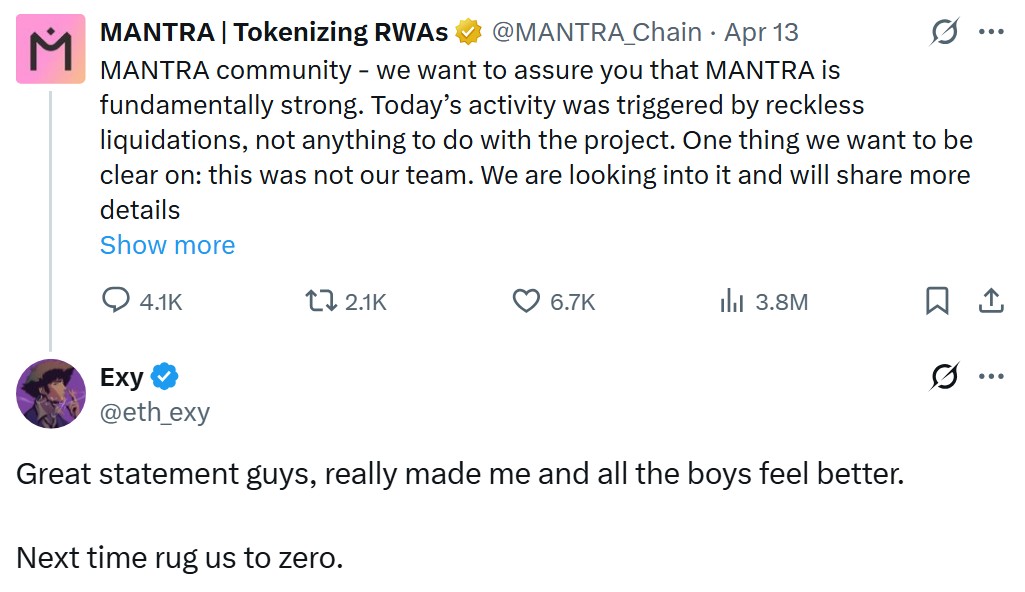 Mantra утверждает, что крах OM произошел из-за «безрассудных ликвидаций»