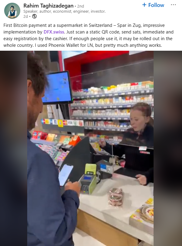 Оплата биткоинами в Spar, Цуг, Швейцария. 
