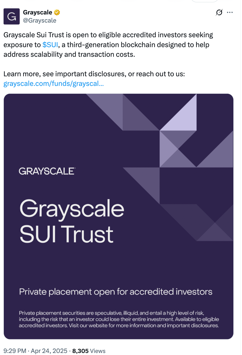 Grayscale SUI Trust был официально представлен 23 апреля и открыт для аккредитованных инвесторов, что заметно укрепило рыночные позиции токена.
