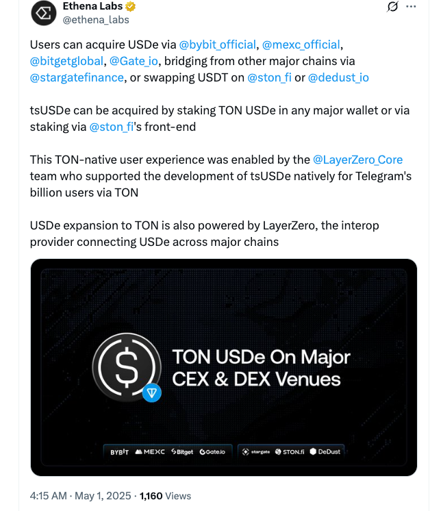 Пока tsUSDe реализован нативно в TON, сам базовый стейблкоин USDe