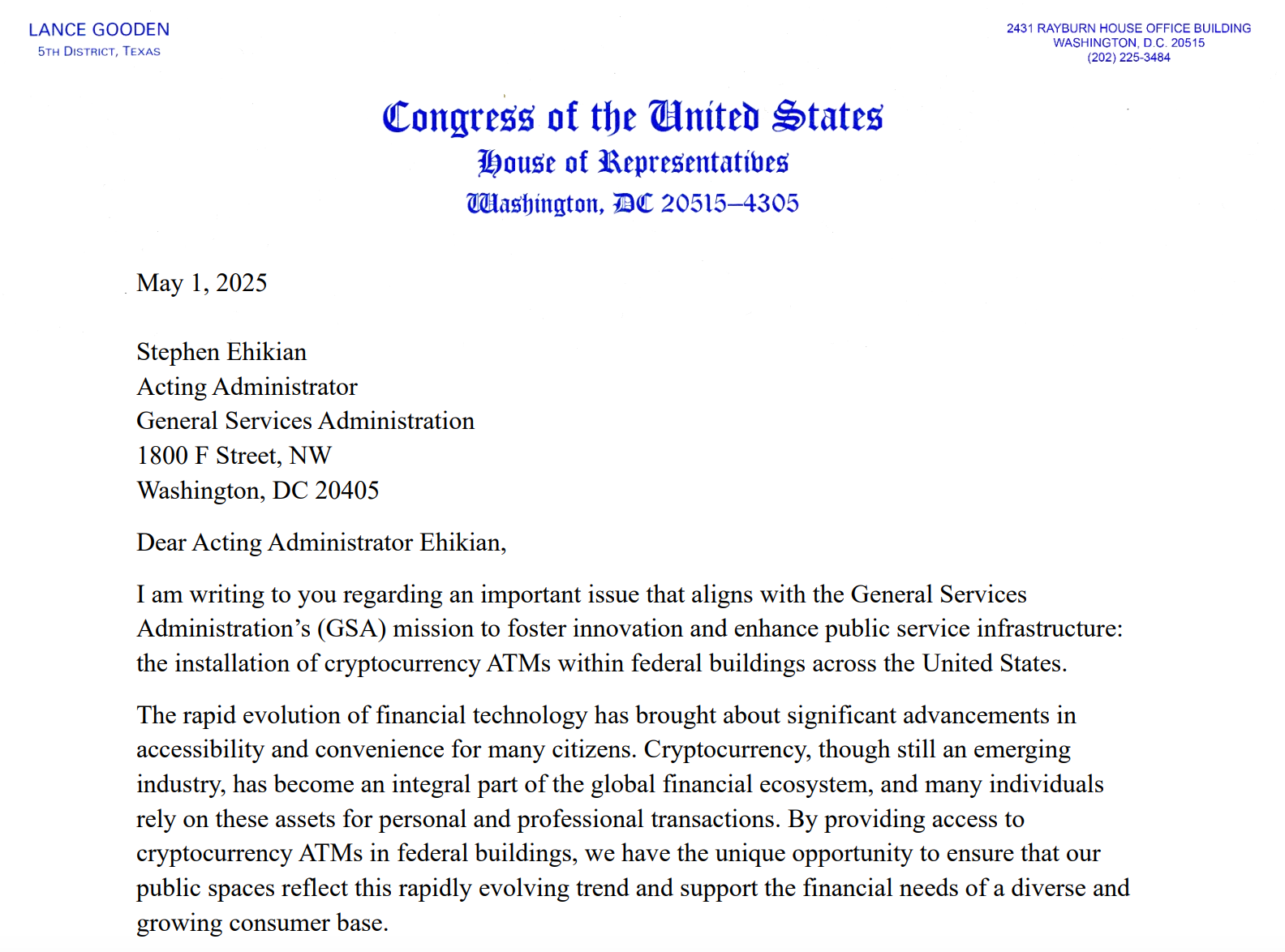 Письмо от 1 мая с предложением криптобанкоматов GSA. Источник: Rep. Lance Gooden
