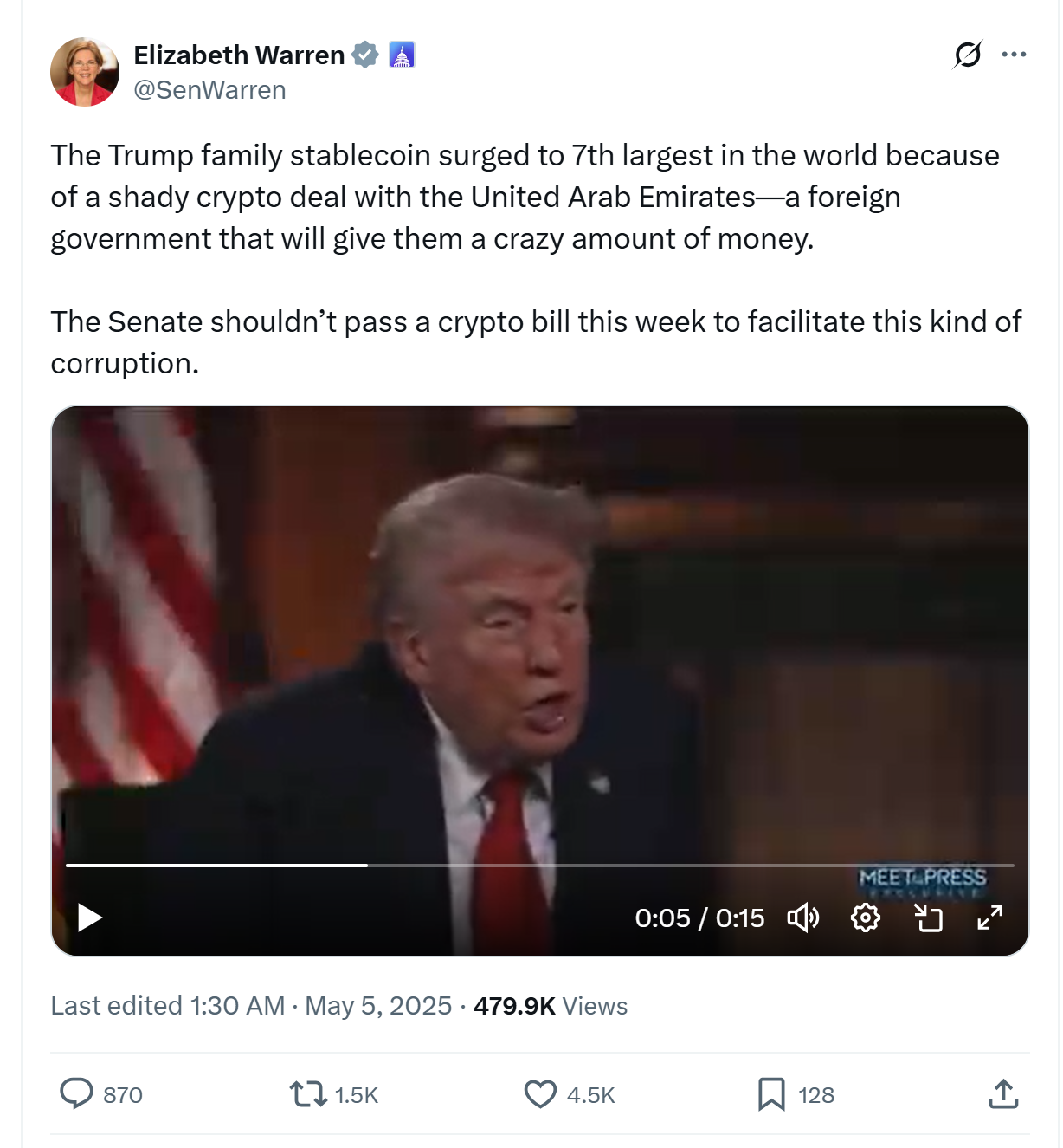 Также намечен ужин 22 мая с крупнейшими держателями мемкойна TRUMP, несмотря на протесты законодателей.