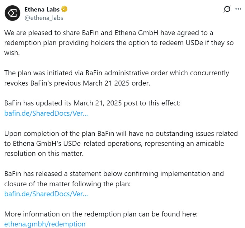 Ethena Labs заявила , что после полной реализации плана по выкупу у Ethena GmbH