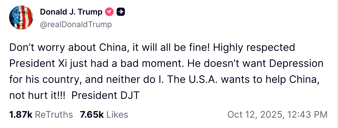 President Trump signals easing trade tensions after the flare-up that contributed to October’s crypto crash