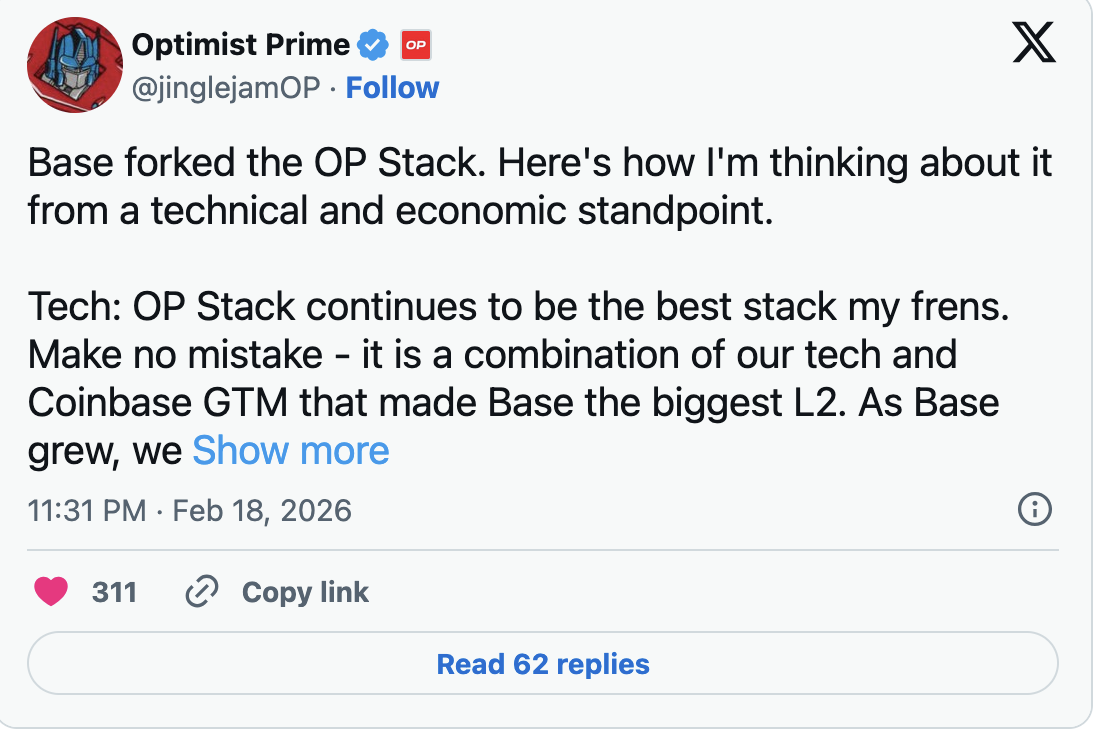 «Если вам нужен самый масштабируемый, надёжный и проверенный в продакшене стек — это OP Stack», — написал Ван в X.