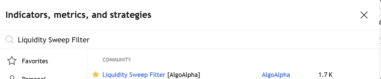 Нажмите «Индикаторы» и найдите «Фильтр проверки ликвидности».