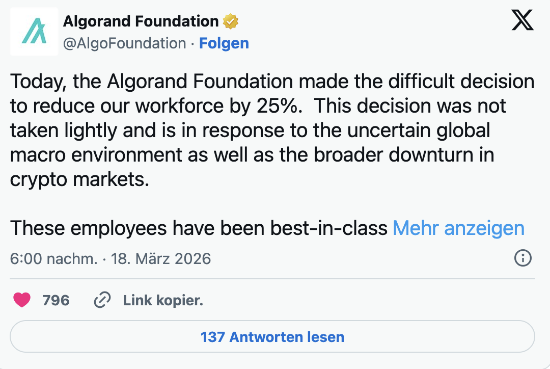 Сегодня фонд Algorand принял непростое решение сократить штат сотрудников на 25%.