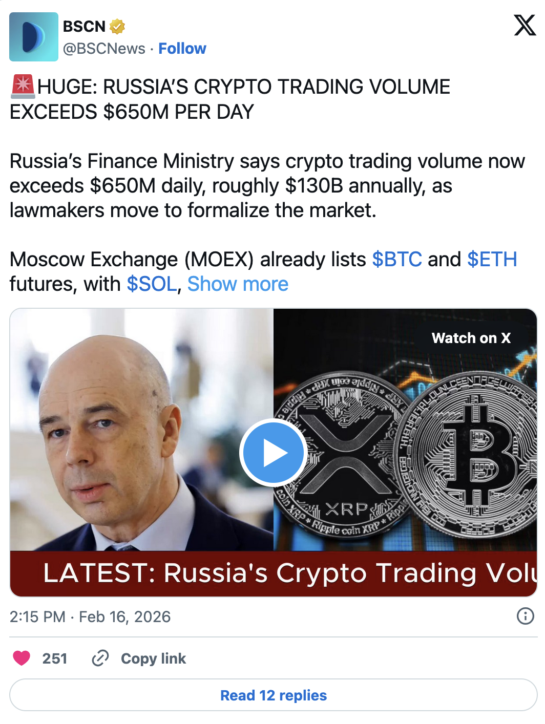 HUGE: RUSSIA’S CRYPTO TRADING VOLUME EXCEEDS $650M PER DAY