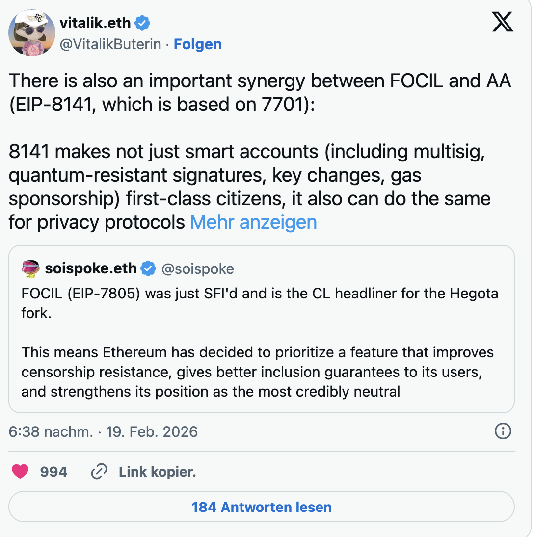 По словам сооснователя Ethereum Виталика Бутерина, FOCIL раскрывает свой полный потенциал в сочетании с EIP-8141.