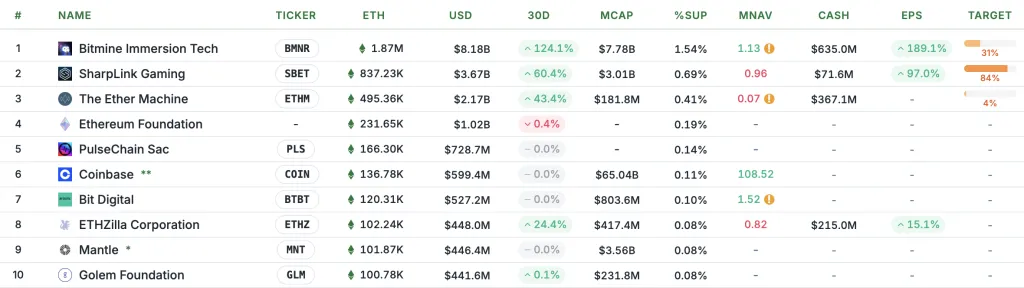 Top 10 Largest Ethereum Holders