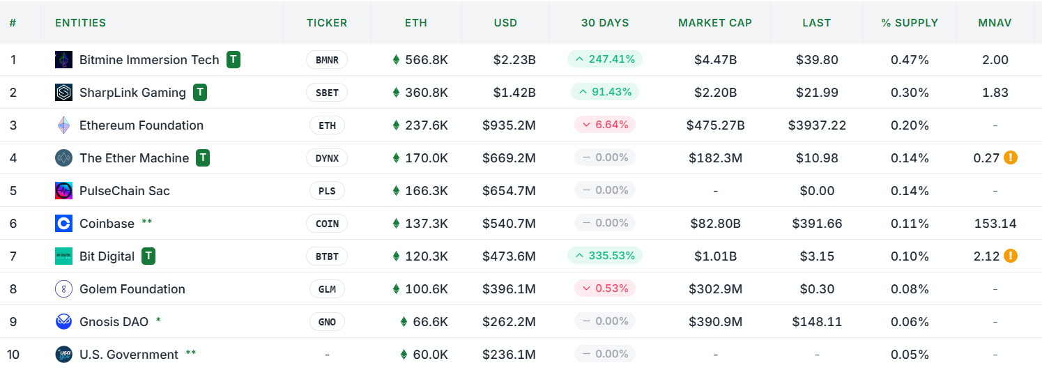 Ranking of companies by the volume of ETH reserves on the balance sheet