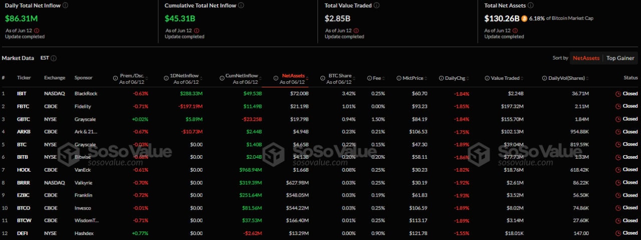Spot Bitcoin ETF net flows (SoSoValue, June 12, 2025)